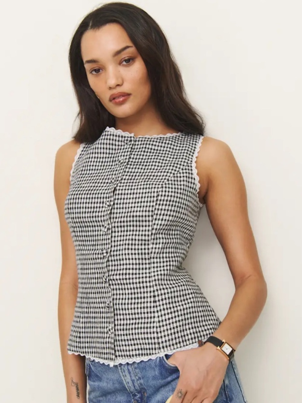 Reformation Amela Linen Gingham Button Lace Trim Sleeveless Top Remy Check Black - Picture 2 of 10